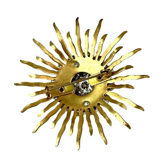 Vintage Gold Tone Sunburst Rhinestone Brooch Pin Retro - Picture 5 of 7